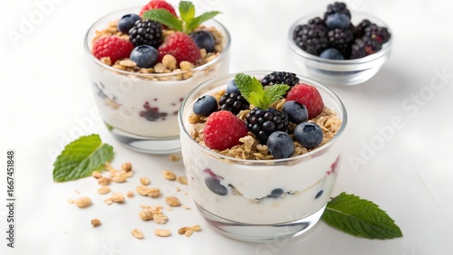 Fresh berry yogurt parfaits with granola and mint