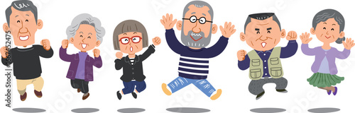 横一列でジャンプするシニアの男女