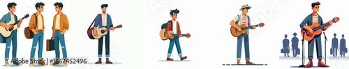 Street Musician Male Characters with Guitar – Performing and Busking Illustration