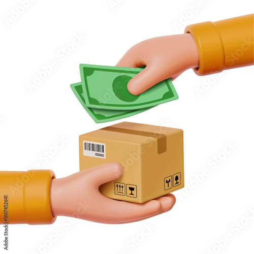 Cash On Delivery Concept with 3D Hands Exchanging Money and Package