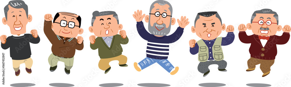 Obraz premium 横一列でジャンプするシニアの男性たち