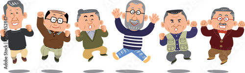 横一列でジャンプするシニアの男性たち