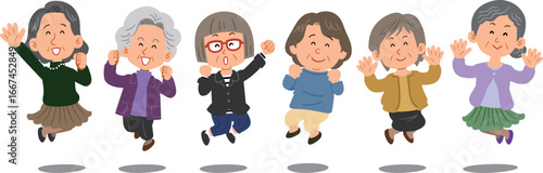 横一列でジャンプするシニアの女性たち
