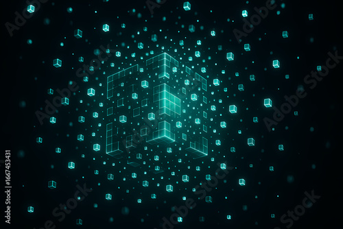 A luminous teal wireframe cube at the center of a vast network of smaller digital blocks on a dark background.