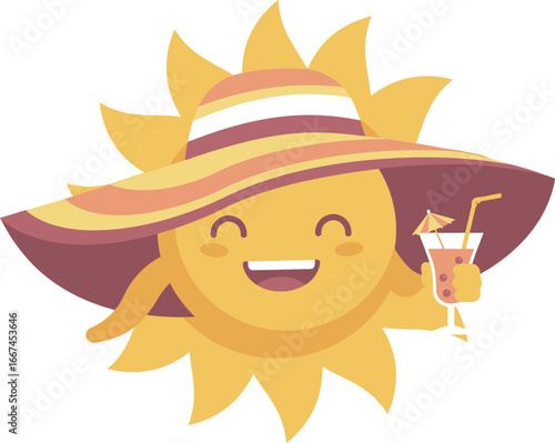 Happy Sun Character Wearing Striped Sun Hat and Holding a Cocktail.