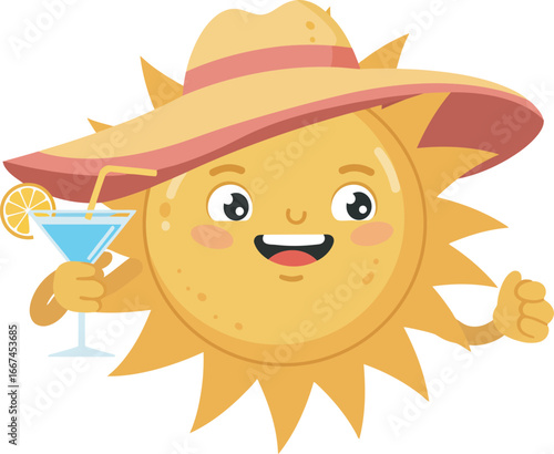Happy Sun Character Enjoying a Summer Cocktail.