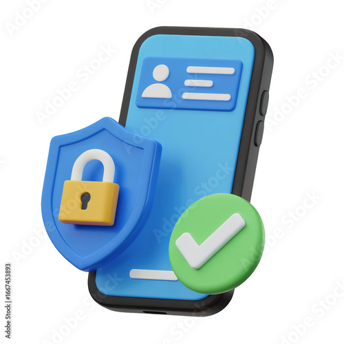 3D Illustration of KYC Verification with Mobile Phone, Shield Lock, and Checkmark Icon