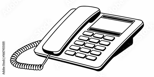 Illustration of a landline telephone with a handset, keypad, and coiled cord on a white background