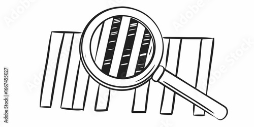 Illustration of a magnifying glass over a set of bars with a white background and black outline
