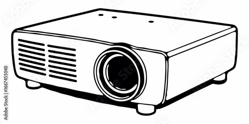 Illustration of a modern projector with lens and vents in a black and white line drawing style
