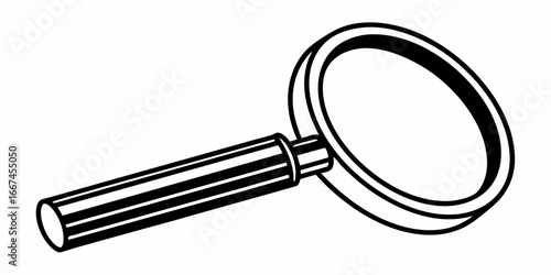Illustration of a classic magnifying glass with a thick handle and a round lens frame design in black and white