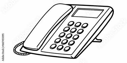Illustration of a landline telephone with a handset and keypad in black and white outline style