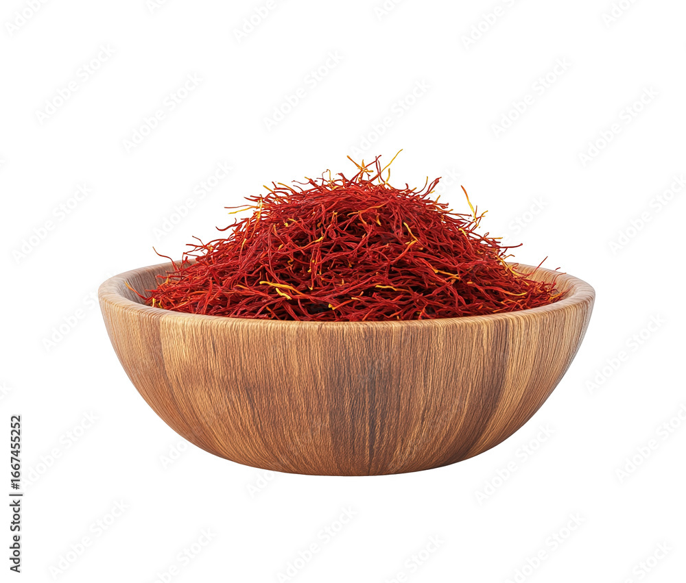 Fototapeta premium Saffron threads in wooden spoon, isolated on white background close-up