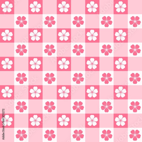 Pink Gingham Checkered Pattern Background with Sakura Flowers
