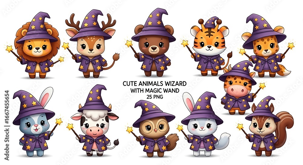 Obraz premium Cute cartoon animals dressed as wizards holding magic wands and wearing wizard hats image photo