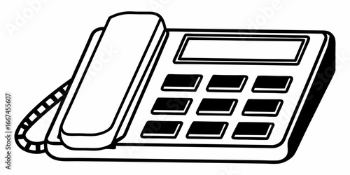 Illustration of a landline telephone with handset and keypad rendered in black and white outline