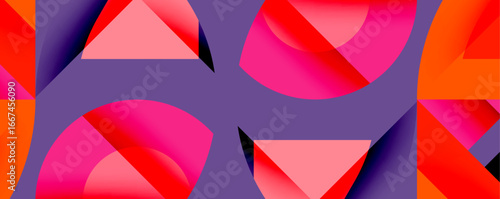 Abstract geometric shapes overlap, creating vibrant color patterns. Pink, red, orange hues dominate purple background. Modern design.