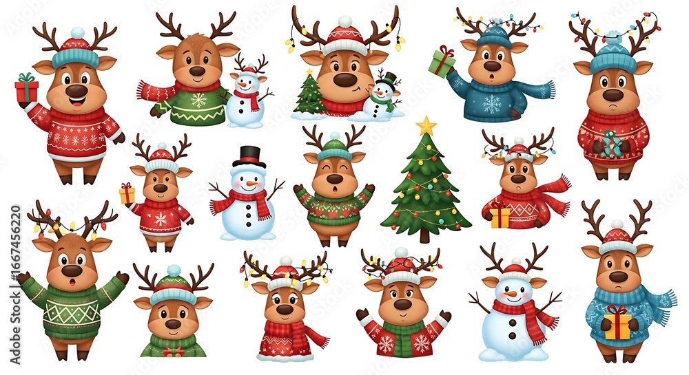 Obraz premium Festive Christmas Reindeer and Snowman Characters Wearing Sweaters and Hats with Lights and Gifts