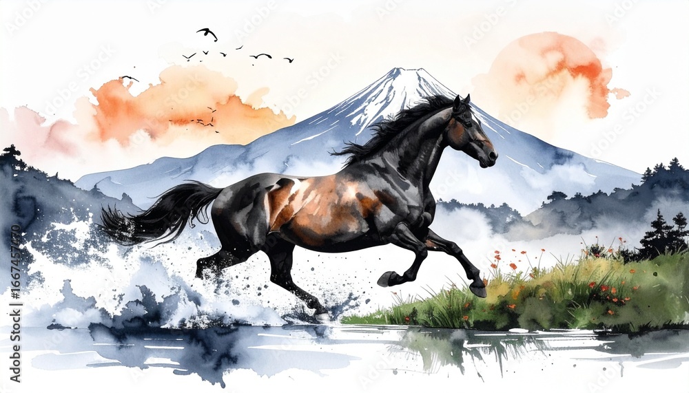 Obraz premium 駆ける馬と富士山の水彩・水墨画イラスト 午年の年賀状素材