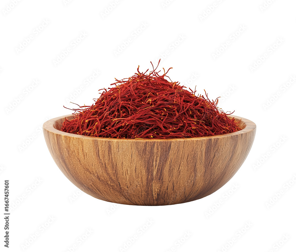 Fototapeta premium Saffron threads in wooden spoon, isolated on white background close-up