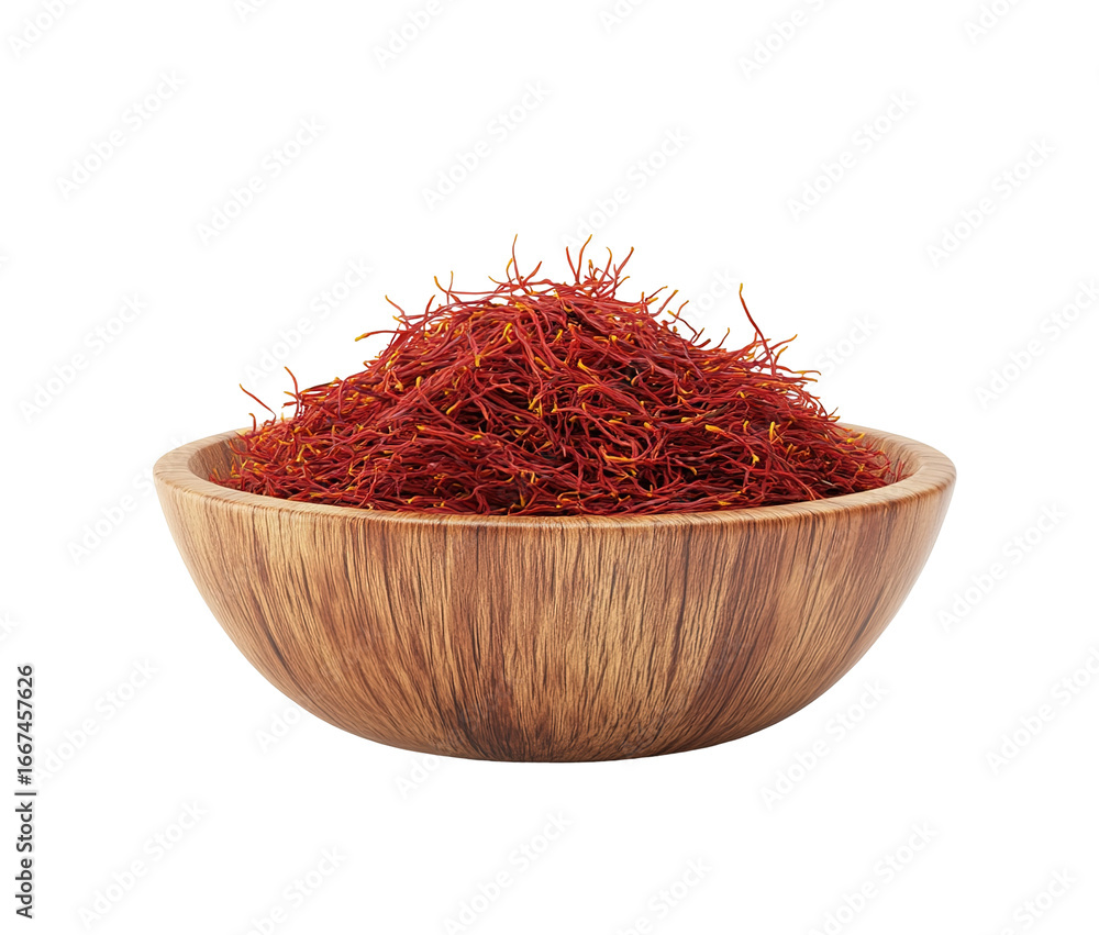 Fototapeta premium Saffron threads in wooden spoon, isolated on white background close-up