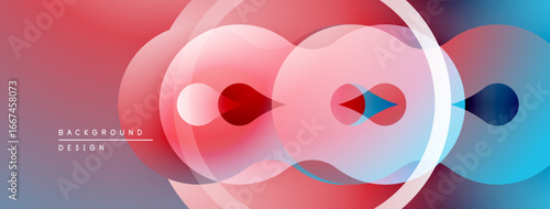 Abstract geometric shapes overlap, creating vibrant color gradients. Smooth transitions between red, pink, blue hues dominate composition.
