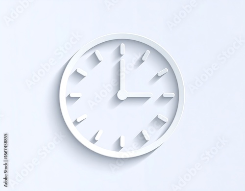 Minimalist White Clock Face Showing 3 OClock with Shadow Effect.