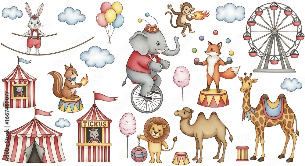 Fototapeta premium Vibrant Circus Scene with Animals, Performers, and Attractions carnival fair