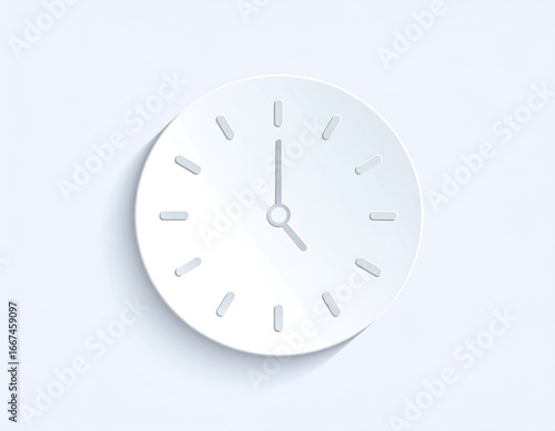 Minimalist White Clock Face Showing 5 OClock with Subtle Shadow.