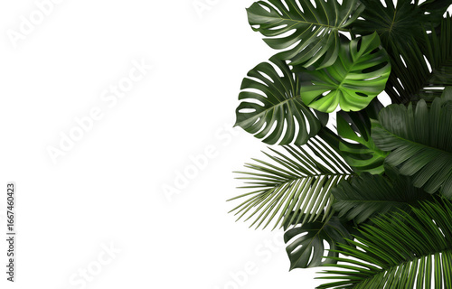 Monstera and palm leaves create lush, tropical atmosphere against transparency background, evoking sense of tranquility and natural beauty