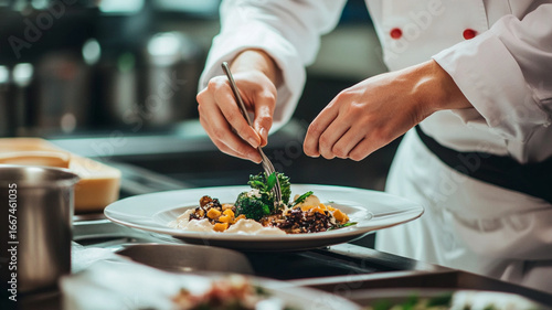Wallpaper Mural Chef plating artistic plant based dish in modern kitchen, vibrant vegetables, fine dining, creative culinary presentation, focused mood Torontodigital.ca