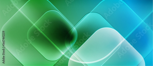 Abstract squares overlap, creating vibrant green, blue gradients. Light reflects, forming soft shapes, modern design.