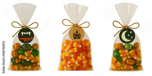Trick-or-Treat Goodie Bags with Tags, minimalist Halloween candy packaging featuring candy corn and festive icon labels, rustic twine-wrapped bags for seasonal gifting, party favors, and autumn