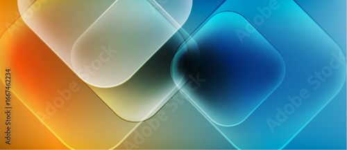 Abstract composition featuring overlapping rounded squares. Colors transition from orange, green, to blue. Soft gradients create luminous effect.