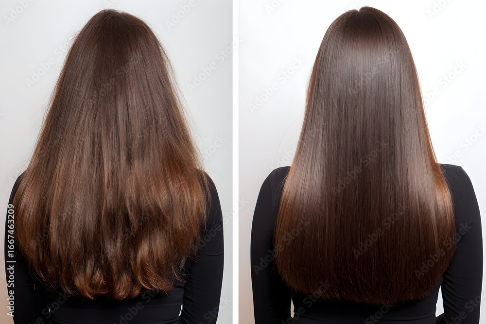 Fototapeta premium A comparison of long brown hair before and after straightening treatment on a white background wall .