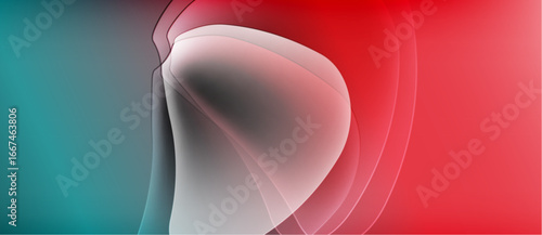 Abstract fluid shapes blend, creating vibrant color gradients. Red, teal, white hues dominate composition. Smooth transitions define form.