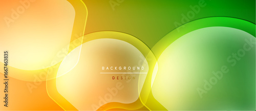 Abstract background features overlapping colorful shapes. Yellow, orange, green hues blend smoothly creating dynamic visual effect. Modern design.