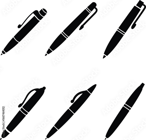 Black pen silhouettes, various ballpoint pens, office supplies icons, writing instruments set, stationery collection, isolated vector illustrations on white background, simple design