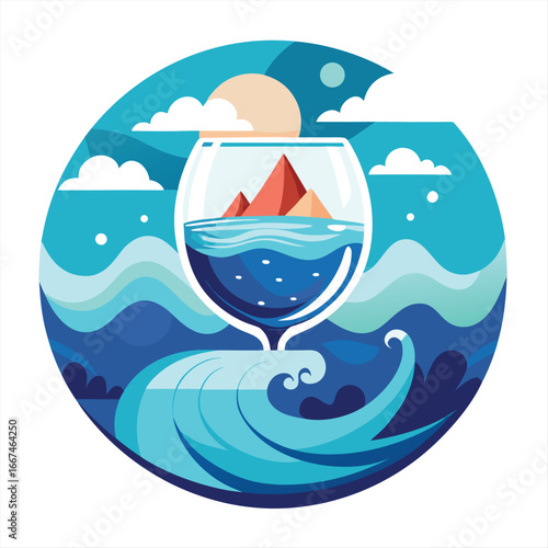 Surreal glass filled with ocean waves poster design