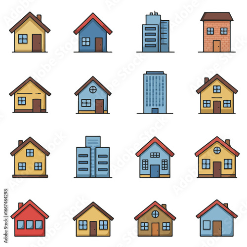 Bright colorful vector house icons in a flat, minimal style showcase a diverse collection of small cottages, modern high-rises, and suburban homes with clean lines, isolated on white.