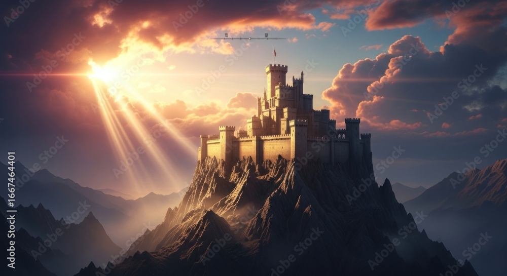 Fototapeta premium Epic Castle on a Craggy Peak Bathed in Dramatic Golden Sunbeams