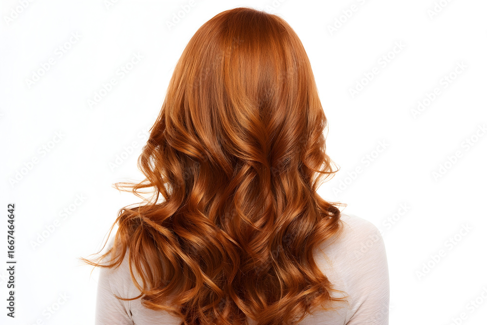 Naklejka premium Back view of a woman with long wavy auburn hair against a white background in a studio setting .