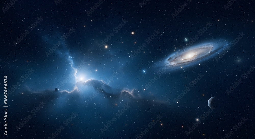 Fototapeta premium Stunning Cosmic Landscape Featuring A Beautiful Spiral Galaxy Surrounded by Stars and Nebulae in Deep Space