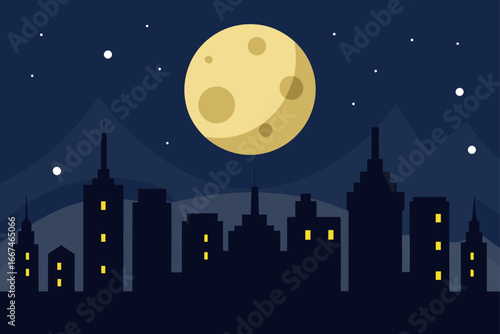 Cinematic Skyline Glowing Under Full Moon Scene