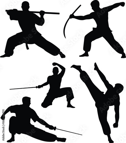 Martial arts silhouette illustration, Kung Fu poses, sword and staff fighters, dynamic stances, combat training, traditional movement, black vector figures, discipline