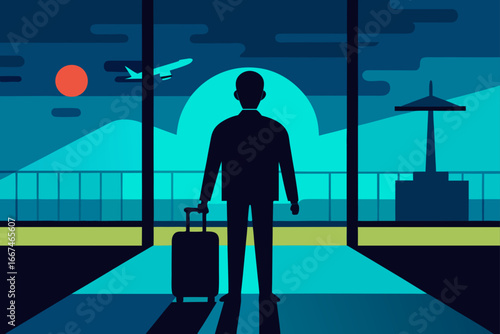 Traveler Silhouette in Glowing Airport Terminal