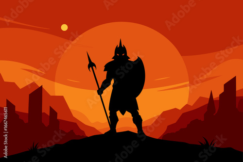 Warrior Silhouette Against Glowing Battlefield Sky