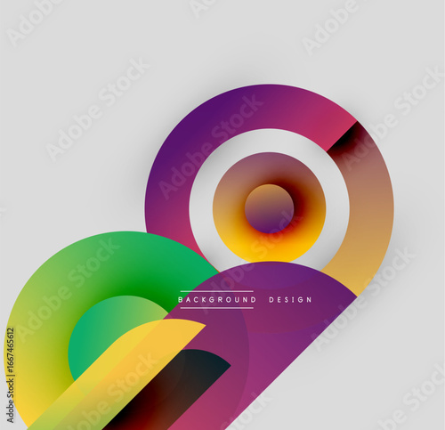 Abstract colorful shapes overlap, creating dynamic visual effect. Gradient hues blend smoothly, forming modern design element.