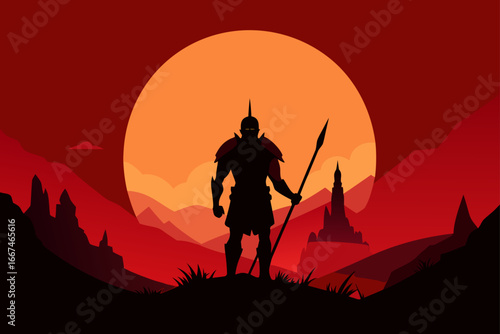 Warrior Silhouette Against Glowing Battlefield Sky Scene