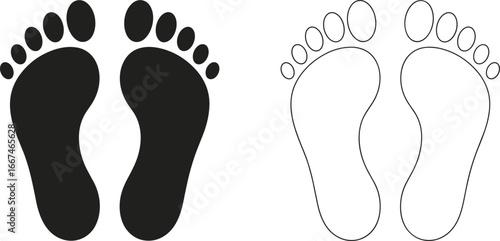 Footprint vector illustration showing solid and outline foot icons, black and white design, representing steps, movement, identity, tracking, symbol, and direction